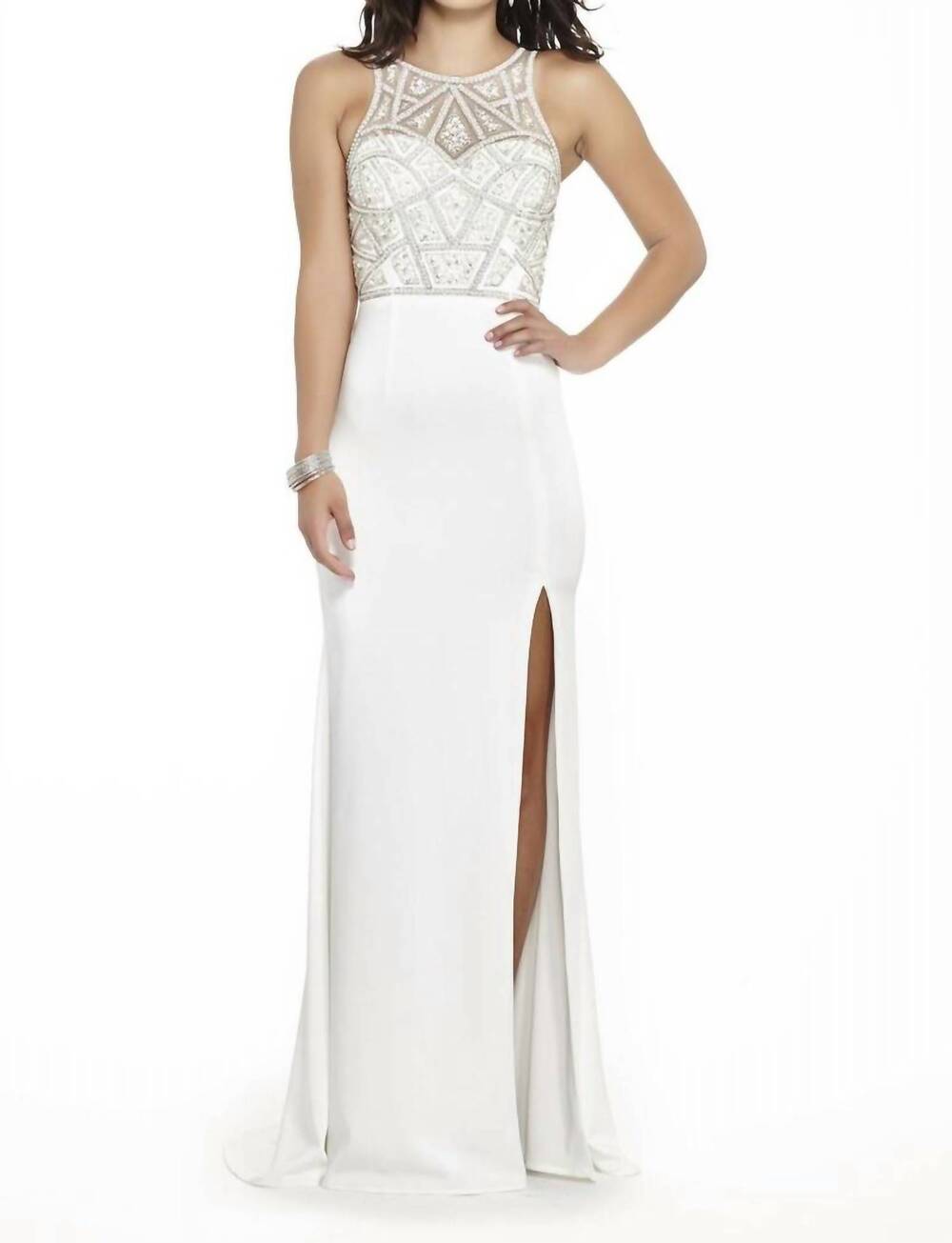 NEW JOSH & JAZZ beaded jersey high slit prom dress in white